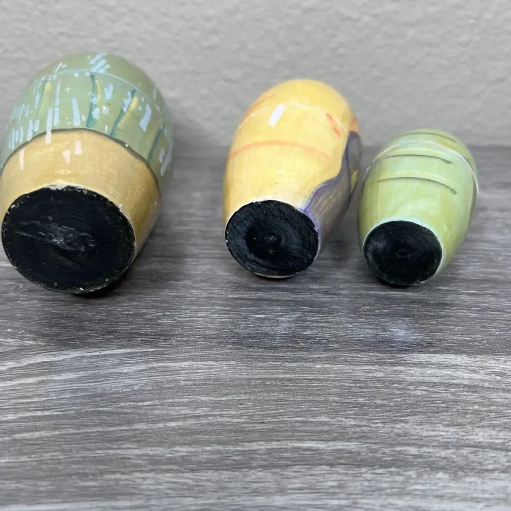 Vintage Wooden 3 Piece Russian Nesting Doll Girl Boy Baby
